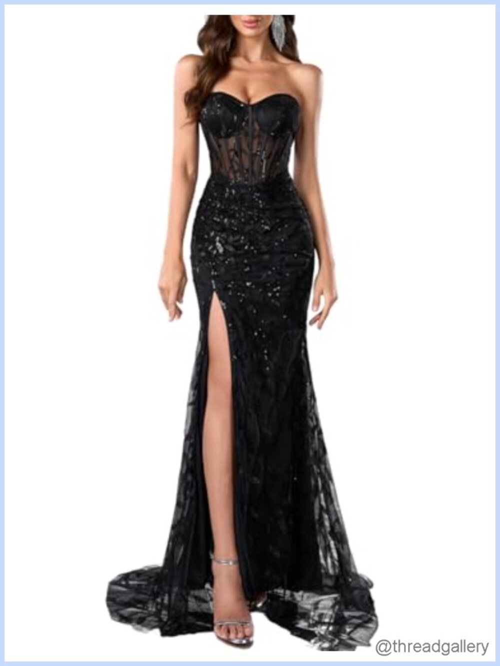 Sequin Corset Prom Dress High Slit Lace-Up Back Formal Gown